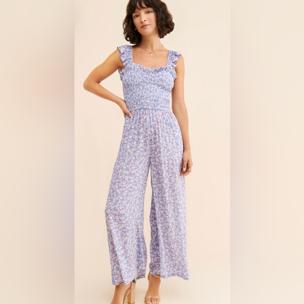 Yumi Kim Leanne Floral Ruffled Jumpsuit in Blue and Pink, Sz medium